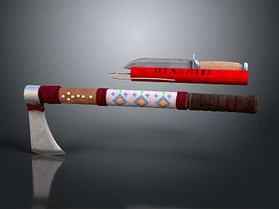 Traditional Decorative Axe With Ornate Handle And Handcrafted Knife Red Sheath 3d model