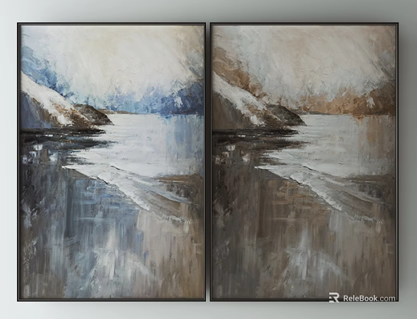 Two Panel Landscape Wall Art With Blue White Brown Tones And Water Reflections 3d model 