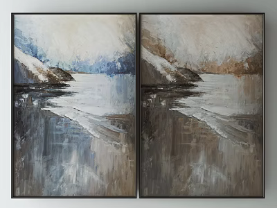 Two Panel Landscape Wall Art With Blue White Brown Tones And Water Reflections 3d model