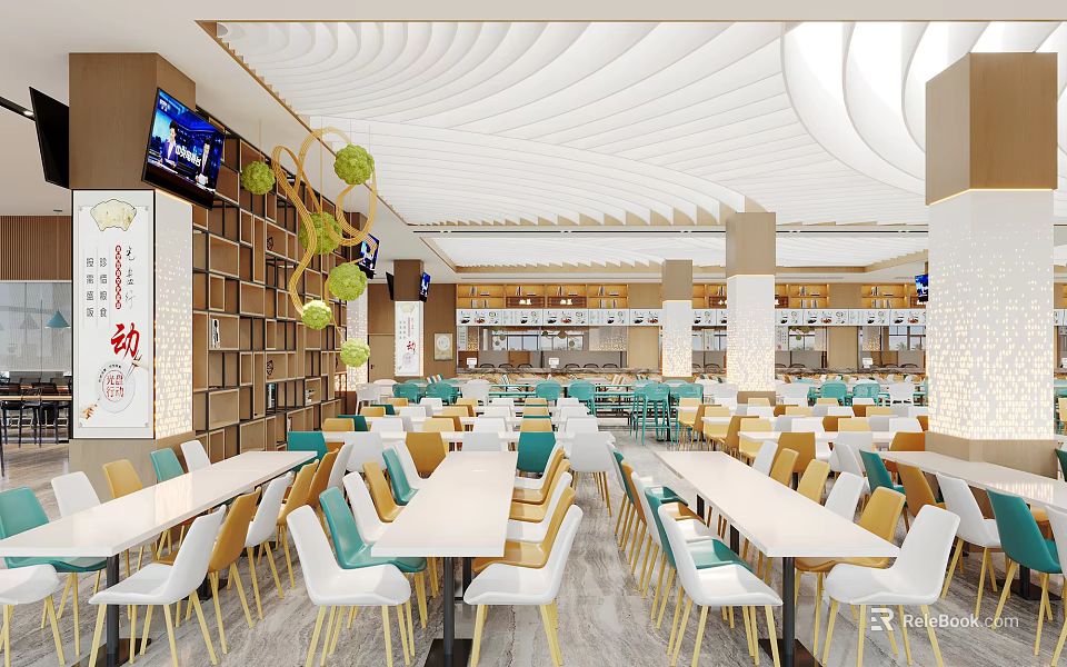 Modern Restaurant Interior Design With Arranged Tables Chairs And Decorations 3d model