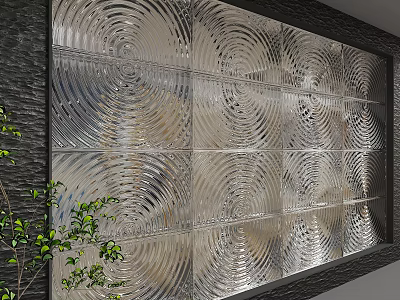 Spiral Pattern Glass Background Wall With Black Frame And Green Plants 3d model