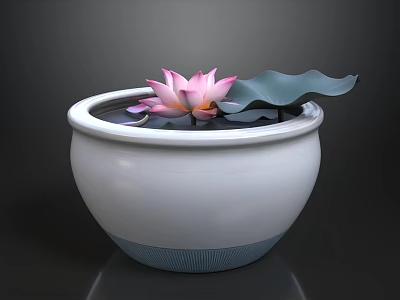 White Flower Pot With Pink Lotus Flower And Green Leaf On Dark Background 3d model