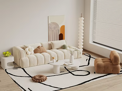 Elegant Modern Beige Sofa White Coffee Table Set With Accent Chair Floor Lamp And Plants 3d model