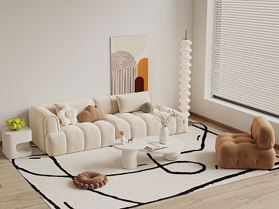 Cream Style Sofa Coffee Table Combination Cream Style Living Room Cream Style Coffee Table Coffee Table Floor Lamp Decoration Hanging Picture Carpet Side Table Sofa 3d model