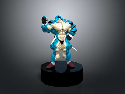 3D Model Action Figure Of Muscular Character With Blue White Outfit Red Shoes Black Base 3d model