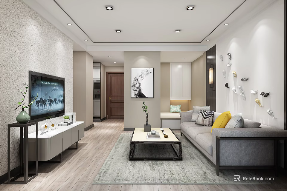 Modern Living Room Interior With Gray Sofa TV Wall Coffee Table And Decorative Rug 3d model 