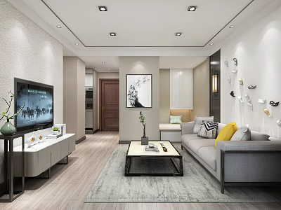 Modern Living Room Interior With Gray Sofa TV Wall Coffee Table And Decorative Rug 3d model