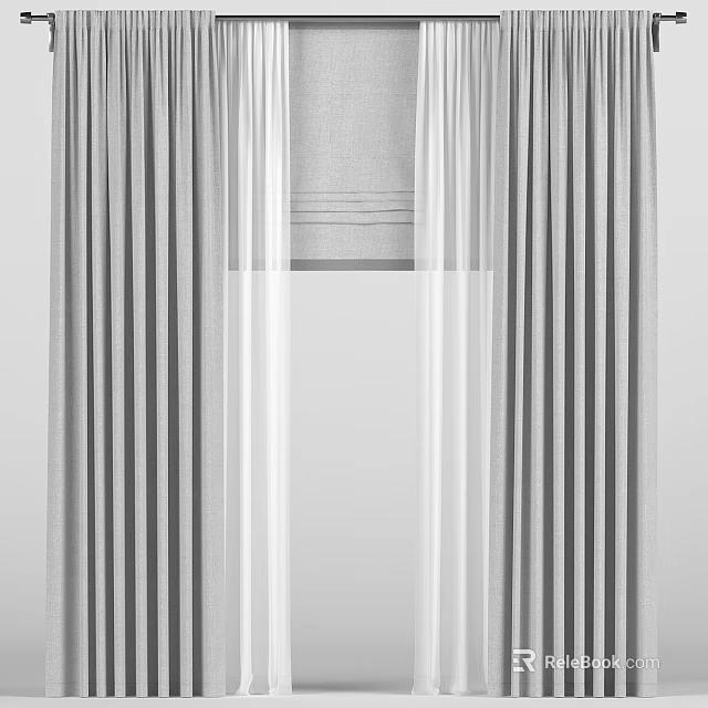Gray And White Layered Curtains With Sheer Panels For Modern Living Room 3d model 