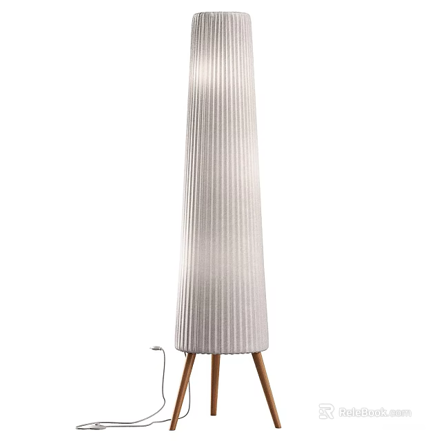 Modern Vertical Ribbed Floor Lamp with Cylindrical Shade and Wooden Tripod Base 3d model 