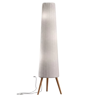 Modern Vertical Ribbed Floor Lamp with Cylindrical Shade and Wooden Tripod Base 3d model