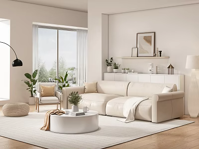 Modern Living Room Interior Design With Beige Sofa Round Coffee Table Large Windows And Plants 3d model