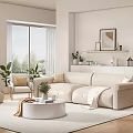 Modern Living Room Interior Design With Beige Sofa Round Coffee Table Large Windows And Plants