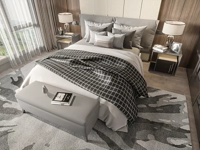 Gray White Double Bed With Pillows Checkered Blanket Nightstands Table Lamps Bench And Window Curtains 3d model