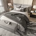 Gray White Double Bed With Pillows Checkered Blanket Nightstands Table Lamps Bench And Window Curtains