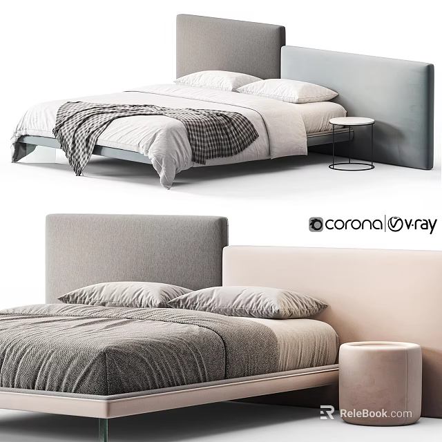 Modern Double Bed with Upholstered Headboard White Sheets Plaid Blanket Gray Comforter and Side Table 3d model