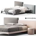 Modern Double Bed with Upholstered Headboard White Sheets Plaid Blanket Gray Comforter and Side Table 3d model