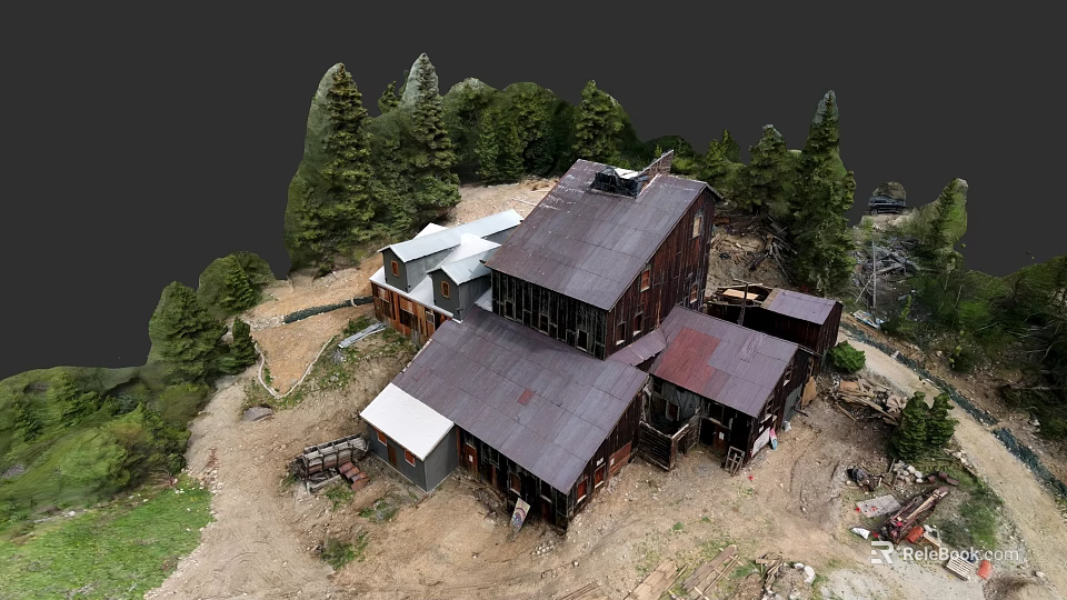 Garden Landscape With Rustic Wooden Buildings Dark Roofs And Surrounding Pine Trees 3d model 