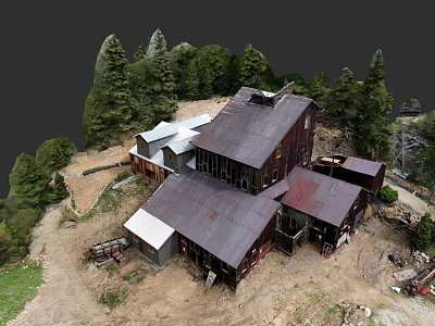 Garden Landscape With Rustic Wooden Buildings Dark Roofs And Surrounding Pine Trees 3d model