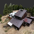 Garden Landscape With Rustic Wooden Buildings Dark Roofs And Surrounding Pine Trees