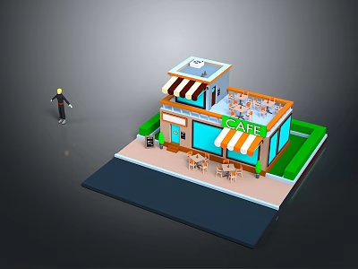 3D Cafe Model With Outdoor Seating Striped Awning Signboard And Figure 3d model