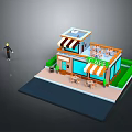 3D Cafe Model With Outdoor Seating Striped Awning Signboard And Figure