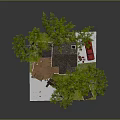 Miniature Model Scene With Red House Small Cabin Green Trees Wooden Steps And Pond