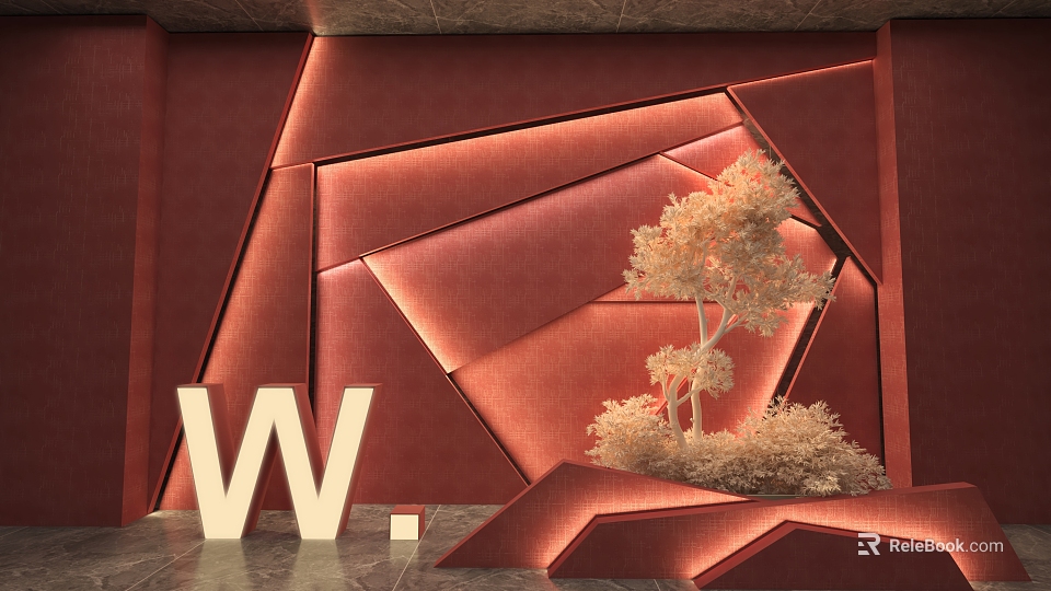 Red Geometric Feature Wall Design With Angular Panels W Letter Sign And Decorative Plant 3d model 