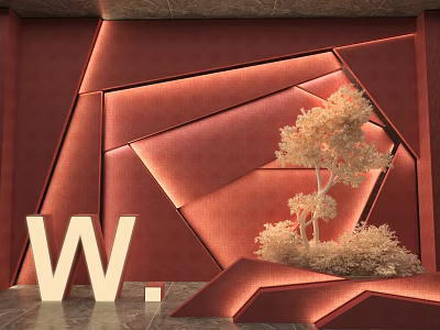 Red Geometric Feature Wall Design With Angular Panels W Letter Sign And Decorative Plant 3d model