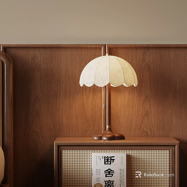 Patterned White Table Lamp With Brown Base On Wooden Nightstand Against Wooden Wall 3d model 