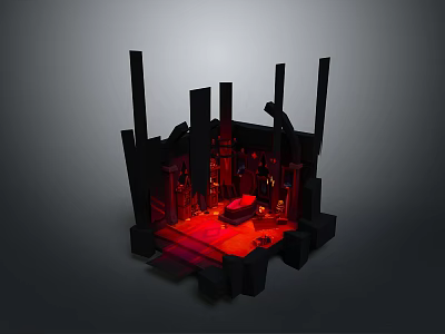 Mystic Three Dimensional Landscape Structure With Black Columns Red Lighting And Central Red Platform 3d model