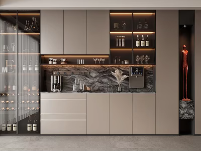 Modern Wine Cabinet With Glass Door Marble Countertop LED Lighting And Storage Drawers 3d model