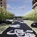 Eco Friendly Parking Lot With Green Trees And Decorative Ground Patterns Near High Rise Buildings