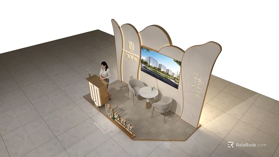Elegant Modern Real Estate Sales Booth With Reception Desk Display Screen And Lounge Seats 3d model 