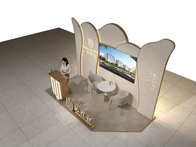 Elegant Modern Real Estate Sales Booth With Reception Desk Display Screen And Lounge Seats 3d model