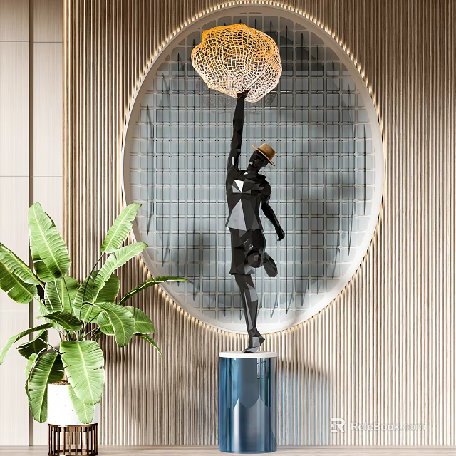 Dynamic Black Human Sculpture Holding Hat Up with Circular Grid Window Green Plant Blue Pedestal 3d model 