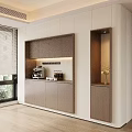 Modern Sideboard with Light Brown Cabinets LED Lighting Coffee Machine and Vase Decor