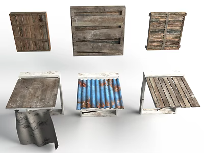Vintage Scene Construction Components With Wooden Planks Crates And Corrugated Metal Sheets 3d model
