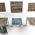 Vintage Scene Construction Components With Wooden Planks Crates And Corrugated Metal Sheets