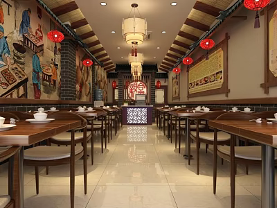 Traditional Chinese Restaurant Interior With Red Lanterns Mural Paintings And Wooden Furniture 3d model