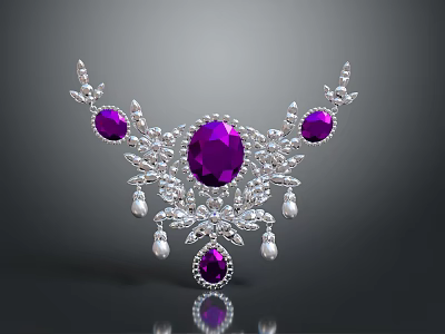 Elegant Fashion Accessory With Large Purple Gemstone Silver Filigree Details And Pearl Accents 3d model