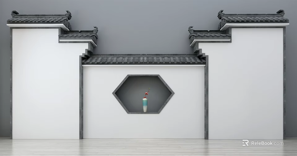 Traditional Chinese Background Wall Featuring Tile Roof Hexagonal Window And Vase Decor 3d model 