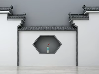 Traditional Chinese Background Wall Featuring Tile Roof Hexagonal Window And Vase Decor 3d model