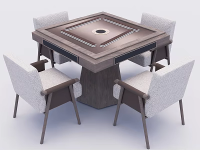 Modern Square Wooden Table With Circular Center And Four Light Fabric Cushioned Chairs 3d model