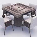 Modern Square Wooden Table With Circular Center And Four Light Fabric Cushioned Chairs