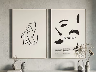 Minimalist Abstract Paintings With Line Art And Text Elements On Light Wall 3d model
