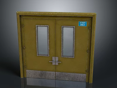 Yellow Double Exit Door with Glass Windows Metal Base and Exit Only Sign 3d model