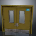 Yellow Double Exit Door with Glass Windows Metal Base and Exit Only Sign