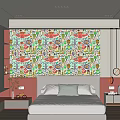 Vibrant Bedroom Featuring Colorful Cartoon Patterned Wall With Pink Accents And Bedside Decor