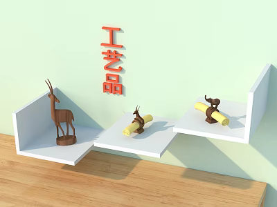 Garden Decorative Pieces Displayed on White Shelves with Wooden Deer Squirrel and Light Green Wall 3d model