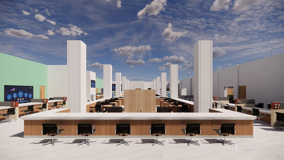 Bright Modern Service Hall Interior With Open Layout Service Counters And Waiting Seats 3d model 
